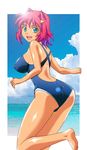  ass blue_eyes breasts competition_swimsuit covered_nipples hibino_aki large_breasts legs long_legs looking_back multicolored_hair one-piece_swimsuit open_mouth original purple_hair short_hair solo swimsuit tan tanline thighs two-tone_hair yonecchi 