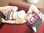  1girl animal_hat breasts cat_girl_alliance cat_tail cutoffs denim denim_shorts drooling eyes_closed game_cg hat indoors koneko_doumei large_breasts purple_hair rumi rumi_takahata short_shorts shorts sleeping solo tail takahata_rumi wooden_floor 