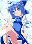  :3 arm_up between_legs blue_eyes blue_hair blue_skirt bow cirno crystal fa_no_hito hair_bow holding short_hair sitting skirt solo touhou wings 