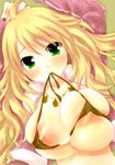  absurdres ahoge areolae arms_up blonde_hair blush breasts face green_eyes highres hoshii_miki idolmaster idolmaster_(classic) jewelry large_breasts long_hair looking_at_viewer micro_bikini_top mouth_hold necklace nipple_slip nipples shiromomo skindentation solo upper_body 