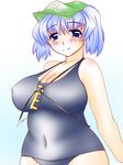  blue_eyes blue_hair breasts female gomesu hat huge_breasts kawashiro_nitori key large_breasts navel one-piece_swimsuit one_piece_swimsuit plump short_hair smile solo standing swimsuit touhou twintails 