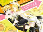  1girl absurdres ahoge aqua_eyes arm_warmers bad_id bad_pixiv_id bare_shoulders blonde_hair blue_eyes brother_and_sister detached_sleeves hair_ornament hair_ribbon hairclip headphones highres holding_hands kagamine_len kagamine_len_(append) kagamine_rin kagamine_rin_(append) kanade_(reveryearth) leg_warmers looking_back nail_polish navel one_eye_closed ribbon short_hair shorts siblings smile twins vocaloid vocaloid_append 