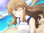  1girl beach bikini blush breasts brown_hair cleavage cliff cliffs closed_mouth cloud clouds eyes_closed game_cg kanae_riho koi_to_mizugi_to_taiyo_to large_breasts long_hair ocean one-piece_swimsuit one_piece_swimsuit outdoors outside pov sand sky smile solo sunlight sunshine swimsuit water waves white_bikini 