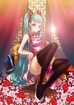  aqua_eyes aqua_hair bare_shoulders china_dress chinese_clothes dress flower hair_ribbon hand_on_hip hatsune_miku highres legs long_hair mikoto_(mio) ribbon sitting solo thighhighs thighs twintails very_long_hair vocaloid 