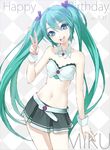 :d bad_id bad_pixiv_id bare_shoulders belt checkered checkered_background collar green_eyes green_hair happy_birthday hatsune_miku head_tilt highres long_hair midriff miniskirt navel open_mouth skirt smile solo twintails v very_long_hair vocaloid wrist_cuffs yahako 