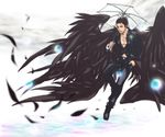  applemac black_wings el_shaddai feathers hand_in_pocket highres lucifel_(el_shaddai) male_focus midriff red_eyes smile solo umbrella wings 