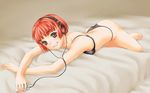  audio-technica bob_cut brown_eyes digital_media_player grin headphones highres lingerie lying on_stomach original red_hair short_hair smile solo soshina_nohito underwear 