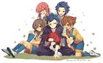  ball blue_eyes blue_hair bracelet brown_eyes brown_hair cloak copyright_name crossed_arms inazuma_eleven_(series) inazuma_eleven_go jewelry kirino_ranmaru male_focus maro_(nikeneko523) matsukaze_tenma multiple_boys open_mouth pink_hair raimon raimon_soccer_uniform shindou_takuto shoes sitting sneakers soccer_ball soccer_uniform socks spiked_bracelet spikes sportswear telstar tsurugi_kyousuke tsurugi_yuuichi twintails yellow_eyes 