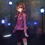  bad_id bad_pixiv_id braid brown_eyes brown_hair dark faux_traditional_media knife lamppost madotsuki pink_shirt purple_skirt shirt skirt solo tsugai_namida turtleneck twin_braids yume_nikki 