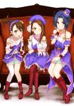  3girls :d :o absurdres arm_support bare_shoulders blue_eyes blush boots brown_hair crossed_arms crossed_legs futami_ami hairband hand_on_own_face hat highres idolmaster idolmaster_(classic) knee_boots long_hair looking_at_viewer minase_iori mini_hat mini_top_hat miura_azusa multiple_girls one_eye_closed one_side_up open_mouth palace_of_dragon_(idolmaster) red_eyes ryuuguu_komachi short_hair shorts single_thighhigh sitting smile stuffed_animal stuffed_bunny stuffed_toy thigh_boots thighhighs top_hat waving wrist_cuffs 