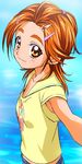  armpit_peek eyebrows face futari_wa_precure_splash_star hair_ornament hair_up hairclip haruyama_kazunori hyuuga_saki orange_eyes orange_hair precure smile solo thick_eyebrows up_sleeve 