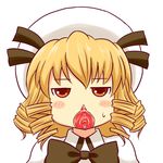 blonde_hair blush censored clitoris drill_hair female hat looking_at_viewer luna_child mouth_pussy orange_eyes pussy sweat touhou vagina_mouth 