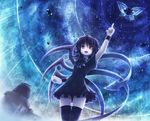  akashio_(loli_ace) ass_visible_through_thighs asymmetrical_wings black_dress black_hair black_legwear blue dress houjuu_nue night open_mouth pointing pointing_up purple_eyes sky smile solo standing star_(sky) thighhighs touhou wings wristband zettai_ryouiki 