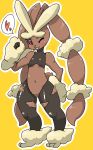 1girl animal_ears bare_shoulders black_legwear black_sclera blush bunny_ears bunny_tail chizi creatures_(company) female flat_chest full_body furry game_freak gen_4_pokemon hand_on_hip hand_up happy heart highres looking_at_viewer lopunny mega_lopunny navel nintendo no_humans one_eye_closed open_mouth outline pantyhose pink_eyes pokemon pokemon_(creature) shiny shiny_clothes simple_background smile solo speech_bubble spoken_heart standing tail teeth torn_clothes torn_legwear white_outline wink yellow_background 