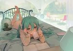  aqua_hair bad_id bad_pixiv_id barefoot bed birdcage book cage cup drinking feet foreshortening hatsune_miku long_hair lying mug noco_(adamas) on_bed on_stomach reading scrunchie solo twintails vocaloid 