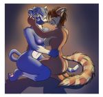  anthro blue blue_fur blue_hair boneitis breasts couple duo embracing eyes_closed feline female fur hair hug interspecies kneeling lesbian mammal nipples nude red_panda romantic side_boob 