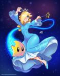  1girl artist_name ass blonde_hair blue_dress blue_eyes breasts crown darwin_nunez dress earrings floating full_body hair_over_one_eye high_heels jewelry long_hair long_sleeves luma mario_(series) nintendo parted_lips rosetta_(mario) small_breasts space super_mario_galaxy wand 