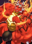  anthro big_bulge bulge clothed clothing dragon eyewear fire glasses horn huge_muscles kunn_(artist) looking_at_viewer male muscular muscular_male smile solo topless underwear 