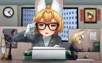  2girls adjusting_eyewear alternate_costume animal_ear_fluff animal_ears bespectacled black-framed_eyewear blonde_hair clock commentary_request contemporary eyebrows_visible_through_hair fennec_(kemono_friends) formal fox_ears glasses gloves grey_suit kaban_(kemono_friends) kemono_friends looking_at_viewer multicolored_hair multiple_girls office open_mouth pen portrait_(object) serval_(kemono_friends) serval_ears short_hair signature suit translation_request typewriter unmoving_pattern wall_clock welt_(kinsei_koutenkyoku) white_gloves white_hair yellow_eyes 