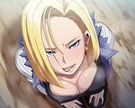  android_18 blonde_hair blue_eyes breasts butcha-u cleavage covered_nipples dragon_ball dragon_ball_z earrings from_above jewelry kneeling licking_lips looking_at_viewer medium_breasts pantyhose short_hair solo tongue tongue_out 