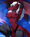  anthro arms_behind_head big_breasts breasts daleesa female gargoyle hair long_hair looking_at_viewer nipples panting red red_body red_eyes solo tail tongue topless walter_sache white_hair wings 