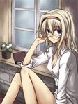  alice_margatroid bare_legs bespectacled blonde_hair blue_eyes book glasses hairband hellween highres knees plant rain shirt solo touhou wall window windowsill 