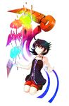  adapted_costume ahoge alternate_costume asymmetrical_wings belt black_hair choker digital_dissolve highres houjuu_nue midriff red_eyes ribbon_choker shirt short_hair shorts smile socha solo touhou wings 