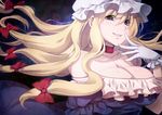  bare_shoulders blonde_hair blue_eyes breasts choker cleavage collarbone dress eyebrows_visible_through_hair floating_hair gloves grin hat large_breasts long_hair low-tied_long_hair red_eyes ribbon smile solo strapless strapless_dress torazou touhou upper_body white_gloves yakumo_yukari 