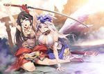  arm_around_waist arm_support arms_up black_hair blue_eyes breasts eyepatch hanging_breasts katana kunieda large_breasts long_hair medium_breasts multiple_girls original red_eyes silver_hair sitting smile sword torii weapon wings 