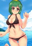  absurdres bare_shoulders beach bikini black_bikini bob_cut breasts brown_eyes cleavage day front-tie_top green_hair hairband highres idolmaster idolmaster_(classic) kagami_yuu medium_breasts midriff mole mole_under_mouth otonashi_kotori outdoors short_hair smile solo swimsuit water 