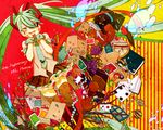  ahoge apple armband blush book cake card dice envelope falling_card food fork fruit grapes green_eyes green_hair hair_over_one_eye hatsune_miku long_hair necktie open_mouth pencil skirt solo sorakura_shikiji thighhighs twintails very_long_hair vocaloid window wrist_cuffs 