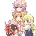  alice_margatroid annoyed bow breath group_hug hair_bow hairband hakurei_reimu hat hug kirisame_marisa looking_up multiple_girls natsuk open_mouth patchouli_knowledge smile touhou yuri 