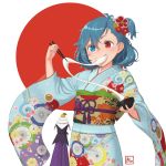  blue_hair chopsticks eating food heterochromia holding holding_food japanese_clothes kimono kitano_(kitanosnowwhite) mochi obi sash short_hair tatara_kogasa touhou zouni_soup 
