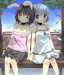  alternate_costume amaa_(chou_dennou_jidai) animal_ears bad_id bad_pixiv_id bare_shoulders bench black_hair blue_eyes blue_hair bunny_ears casual cirno closed_eyes collarbone contemporary holding_hands inaba_tewi multiple_girls short_hair sitting sleeping strap_slip touhou wings 