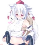  animal_ears bare_shoulders blush breast_grab breasts bridal_gauntlets detached_sleeves from_behind ginzake_(mizuumi) grabbing groin hand_under_clothes hat inubashiri_momiji large_breasts navel no_bra no_panties red_eyes short_hair silver_hair simple_background solo_focus tail tokin_hat touhou wolf_ears wolf_tail 