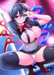  1girl :d areola_slip areolae asymmetrical_wings black_dress black_hair black_legwear blue_wings blush breasts breasts_outside commentary_request dress erect_nipples houjuu_nue koza47322 large_breasts looking_at_viewer open_mouth panties pole_dancing red_neckwear red_wings short_hair smile snake solo thighhighs touhou underwear v wings 