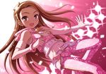  :d belt bracelet brown_hair fur_trim hairband highres hood hoodie idolmaster idolmaster_(classic) jewelry long_hair midriff minase_iori navel necklace nokia_(harusion) open_mouth pants pink_diamond_765 pink_eyes pink_pants sleeveless sleeveless_hoodie smile solo sparkle wristband 