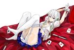  ace bad_id bad_pixiv_id blue_eyes bra braid breasts card cleavage gloves izayoi_sakuya knife large_breasts lingerie looking_at_viewer lying lying_card maid maid_headdress on_back open_clothes open_shirt playing_card shirt sindre solo thighhighs touhou twin_braids underwear white_gloves white_hair white_legwear 