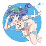  :o arm_garter barefoot bikini bikini_bottom_removed bikini_top blue_eyes blue_hair bottomless breasts curvy front-tie_top full_body hat jewelry kawashiro_nitori key medium_breasts navel necklace pouch simple_background solo strap_gap swimsuit taishi_(moriverine) thigh_strap touhou two_side_up underwater wardrobe_malfunction 