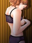  1girl anjou_naruko ano_hi_mita_hana_no_namae_wo_bokutachi_wa_mada_shiranai ano_hi_mita_hana_no_namae_wo_bokutachi_wa_mada_shiranai. black_panties breasts brown_eyes earrings highres jewelry orange_hair panties shirt_lift sideboob toshipiyo underwear undressing 