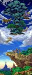  3boys 3girls aircraft airship angela_(seiken_densetsu_3) arms_up balloon bare_shoulders bird blonde_hair bracelet breasts brown_hair bush charlotte_(seiken_densetsu_3) cleavage cliff cloud dagger dress dual_wielding duran flammie floating_island flower flying forest giant_tree gloves hawkeye helmet highres holding jewelry kevin long_hair low-tied_long_hair mana_tree mast medium_breasts mountain multiple_boys multiple_girls nature night night_sky pointy_ears polearm purple_hair riesz scarf scenery seiken_densetsu seiken_densetsu_3 shoulder_pads sky spear star_(sky) starry_sky sword tabard tree trident very_long_hair weapon winged_helmet wings wristband 