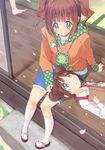  :o absurdres bad_id bad_pixiv_id bag barefoot book brown_hair chika_(orange_pop) double_bun frog green_eyes handbag highres hood hoodie idolmaster idolmaster_(classic) lap_pillow multiple_girls open_mouth orange_hair petals sandals shorts siblings sisters smile socks takatsuki_kasumi takatsuki_yayoi twintails 