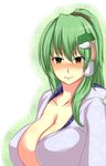  bad_id bad_pixiv_id blush breasts cleavage frog_hair_ornament green_hair hair_ornament highres kochiya_sanae large_breasts open_clothes open_shirt ponytail shirt solo touhou traces yellow_eyes 