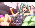  alcohol beer cushion hatsune_miku letterboxed long_hair open_mouth reclining sitting solo tom_(drpow) vocaloid 