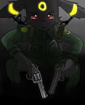  army assault_rifle call_of_duty eeveelution gun knife looking_at_viewer military nintendo pistol pocket pok&#233;mon pok&eacute;mon ranged_weapon red_eyes revolver rifle sitting soldier solo umbreon uniform video_games weapon 