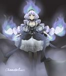  black_pantyhose chandelier chandelure dark dress dummy04 fire fog ghost gijinka gothic gothic_lolita large_hair moemon personification pokemon pokemon_(game) pokemon_black_and_white purple purple_dress purple_hair solo yellow_eyes 