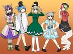  bad_id bad_pixiv_id blue_eyes blue_hair brown_eyes brown_hair cosplay costume_switch dress flower ghost green_dress green_hair grey_eyes grey_hair hair_ornament hair_rings hair_stick hat height_difference itou_(golem_inc) japanese_clothes jiangshi kaku_seiga kaku_seiga_(cosplay) miyako_yoshika miyako_yoshika_(cosplay) mononobe_no_futo mononobe_no_futo_(cosplay) multiple_girls ofuda open_mouth outstretched_arms pantyhose ritual_baton shawl sheath short_hair skirt smile soga_no_tojiko soga_no_tojiko_(cosplay) sword tate_eboshi touhou toyosatomimi_no_miko toyosatomimi_no_miko_(cosplay) weapon white_legwear zombie_pose 