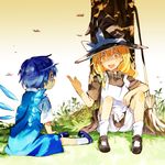  blonde_hair bloomers blue_eyes bow braid broom bug cirno dragonfly dress hair_bow hat hat_bow ice ice_wings insect kirisame_marisa long_hair multiple_girls ogawa_maiko open_mouth profile short_hair short_sleeves sitting socks touhou tree underwear white_legwear wings witch_hat yellow_eyes 