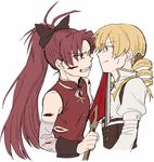  blonde_hair clenched_teeth cuts face frown injury magical_girl mahou_shoujo_madoka_magica multiple_girls polearm red_eyes red_hair sakura_kyouko simple_background spear teeth threat tomoe_mami torinone weapon yellow_eyes 