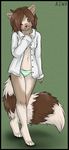  blouse blush cat clothed clothing feline female green_eyes hybrid jinny mammal one_eye_closed panties raccoon shirt shy skimpy solo standing underwear whiskers young 